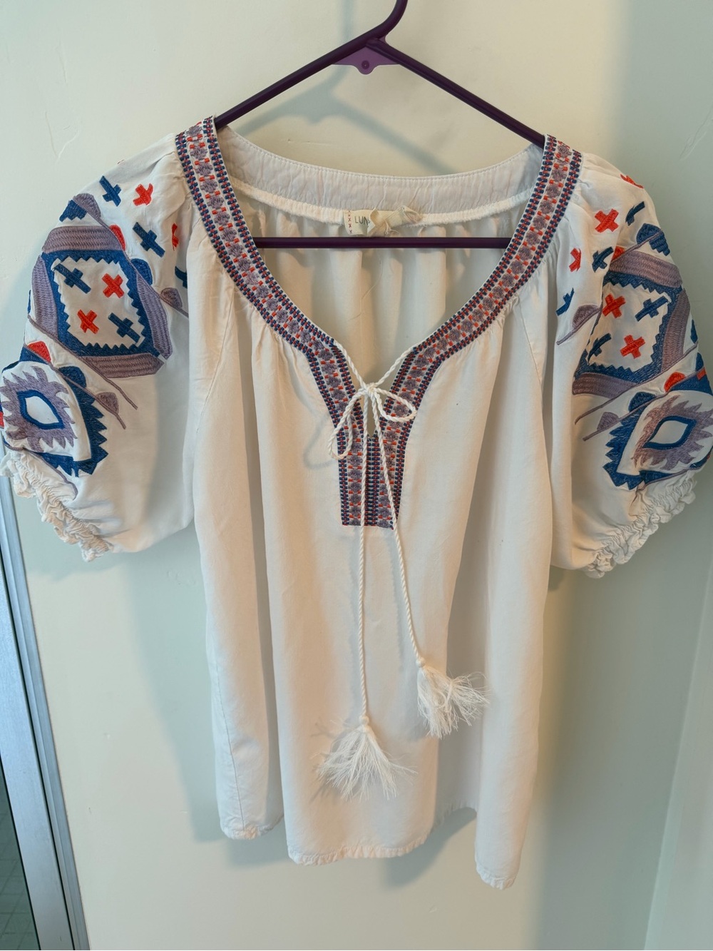 White Embroidered Boho Peasant Blouse with Blue & Red Accents